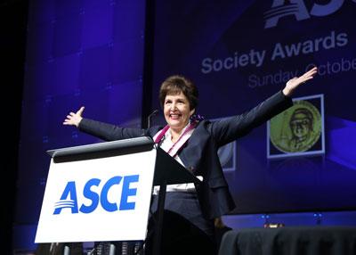 Robin Kemper in front of a podium for ASCE